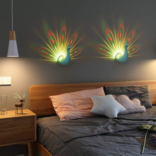 Peacock night light projector creating colorful patterns on the wall for a serene ambiance