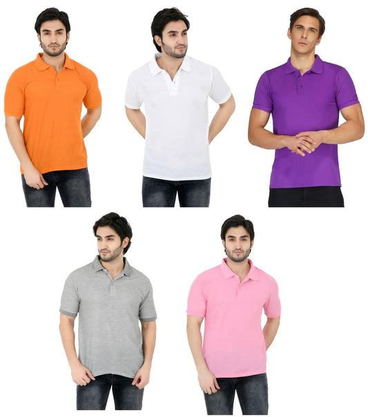 Variety of polo neck t-shirts for men in orange, white, purple, gray, and pink colors