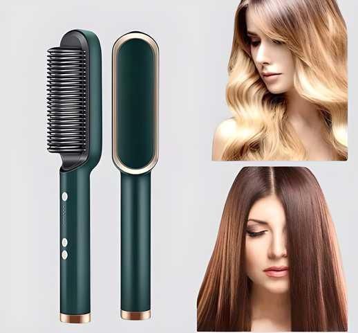 Professional hair straightener brush in green with heated bristles for sleek styling and frizz control