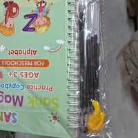 Preschool handwriting practice kit featuring colorful pages and tools for ages 3 and up