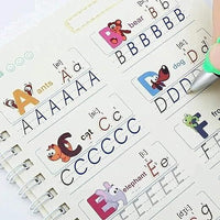 Preschool handwriting practice kit with illustrated letters for children's writing activities