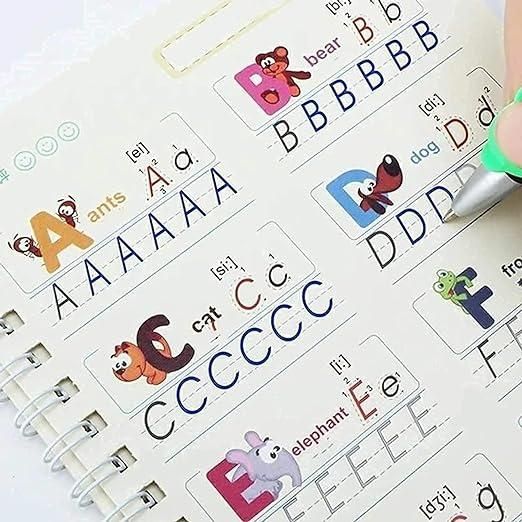 Preschool handwriting practice kit with illustrated letters for children's writing activities