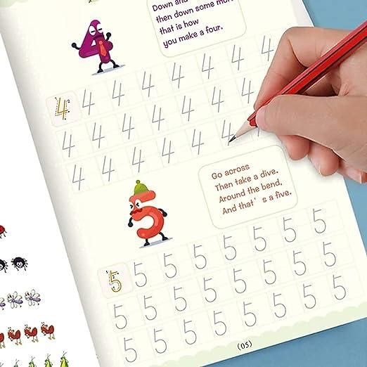 Preschool handwriting practice kit with illustrated numbers and guided lines for young learners