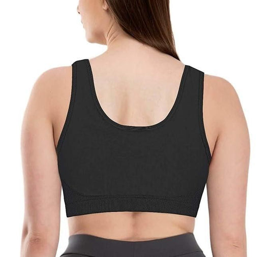 Back view of a black seamless sports bra for women designed for comfort and support during workouts