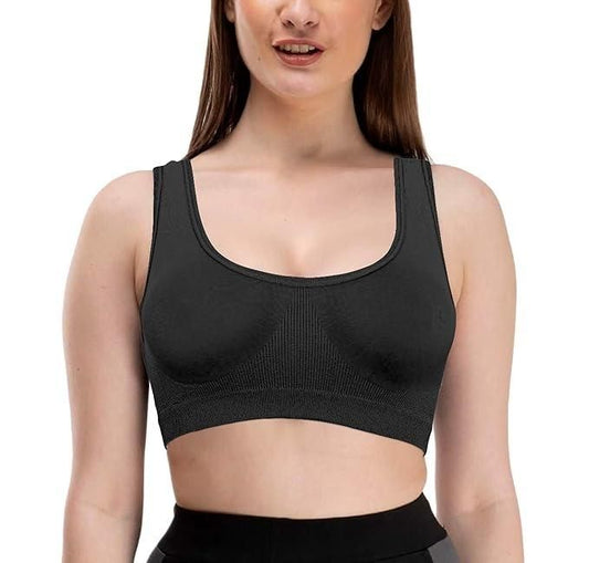 Model wearing a black seamless sports bra for women, designed for comfort and support during workouts