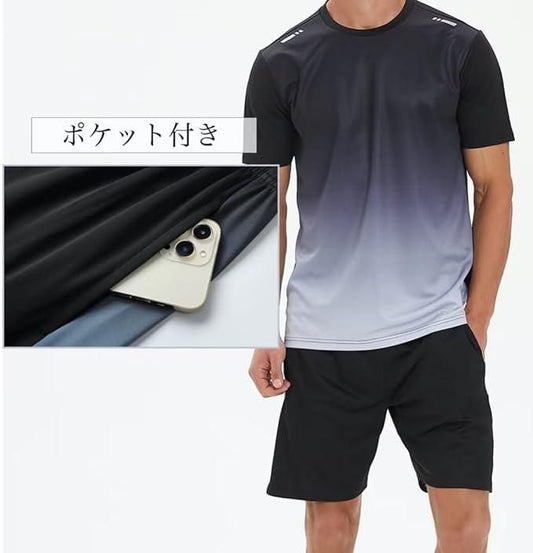 Men's two-piece athletic outfit for men featuring a stylish gradient shirt and shorts with a pocket