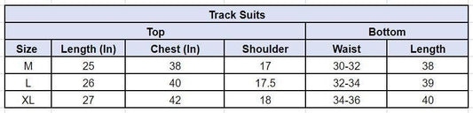 Men's two-piece athletic outfit featuring track suit sizes M, L, and XL with detailed sizing chart