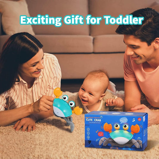 USB rechargeable dancing crab toy captivating a family while playing with a toddler.