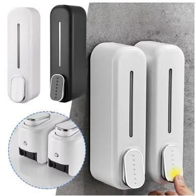 Wall mounted soap dispenser pack in white and black with easy push button for dispensing soap